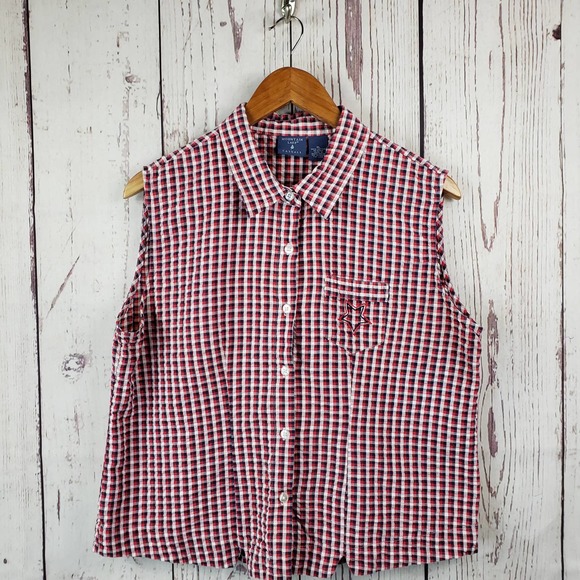 Mountain Lake Tops - Mountain Lake Button Front Top Womens Size XL Sleeveless Checkered Cotton Red